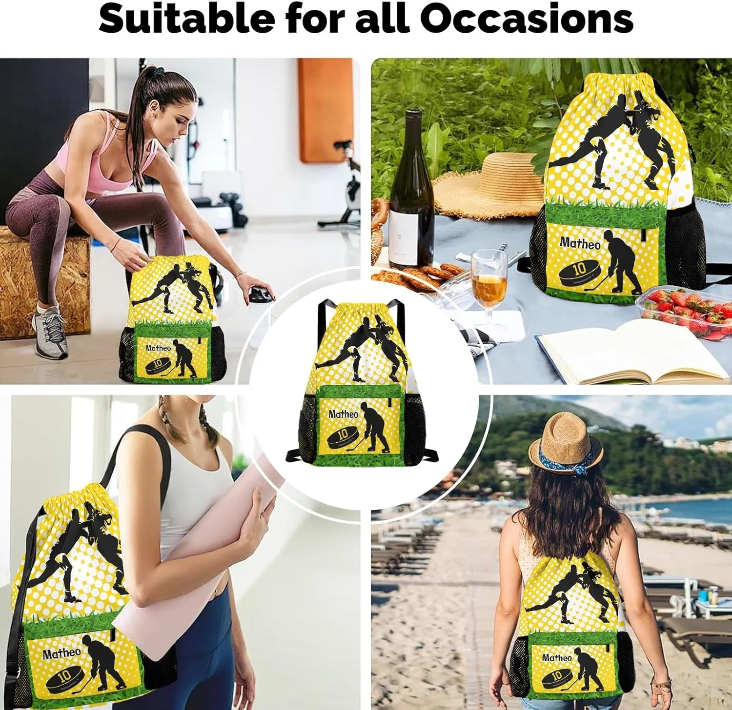 Personalized Drawstring Backpack FOOTBALL Ice Hockey Player Team Number Yellow Bags Sport Gym String Bag Sack Waterproof Swim Festivals Gift for Men Women Adult