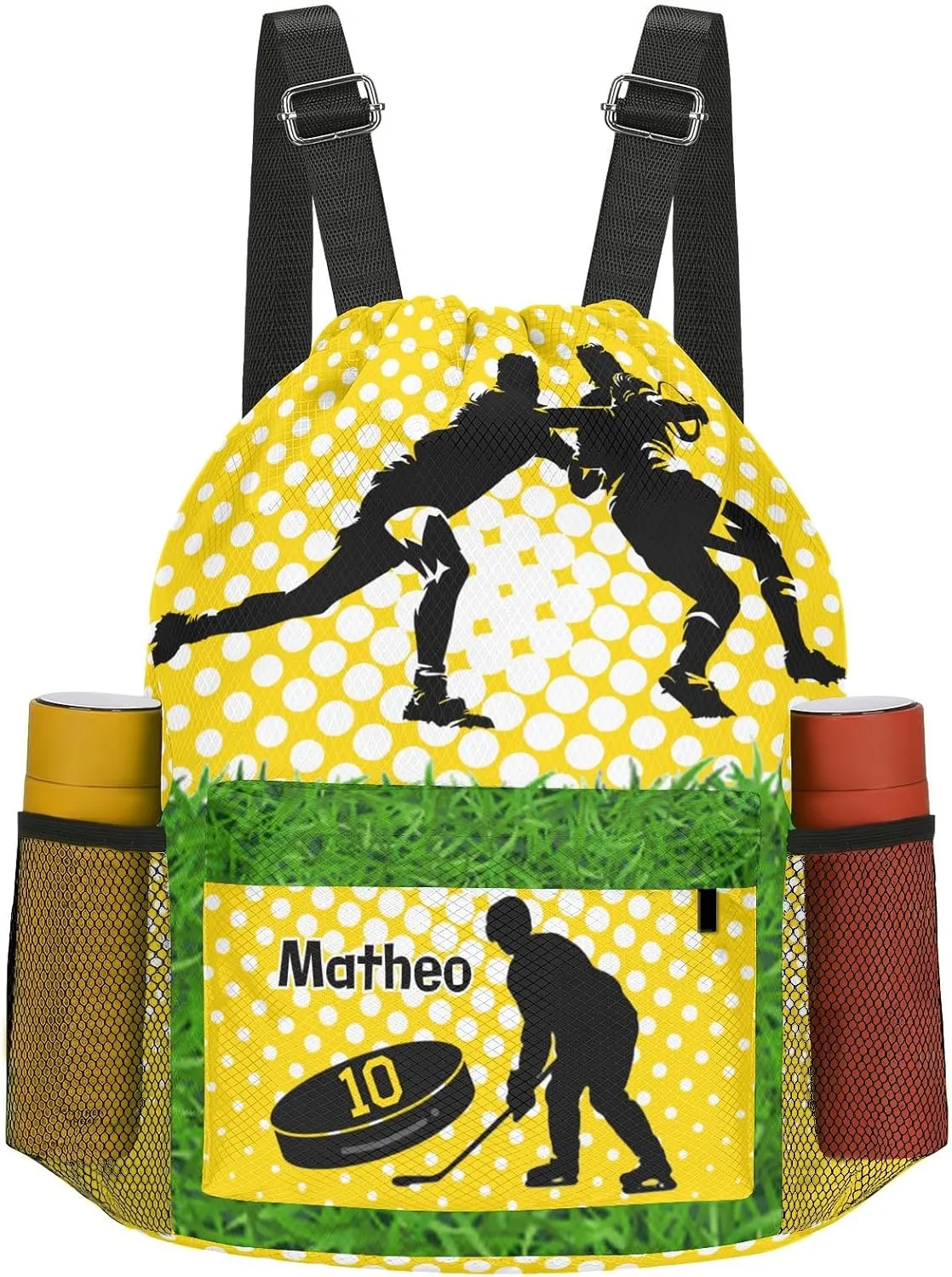 Personalized Drawstring Backpack FOOTBALL Ice Hockey Player Team Number Yellow Bags Sport Gym String Bag Sack Waterproof Swim Festivals Gift for Men Women Adult