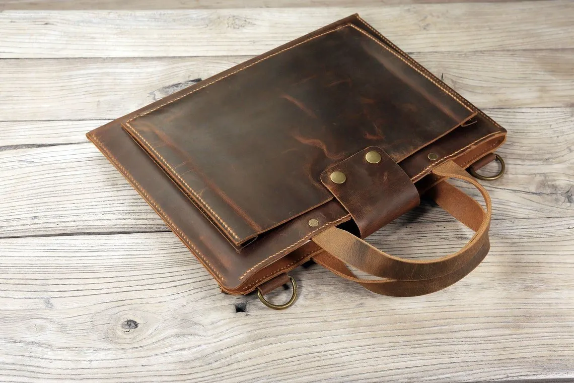Personalized Hand stitched leather slim small laptop bag