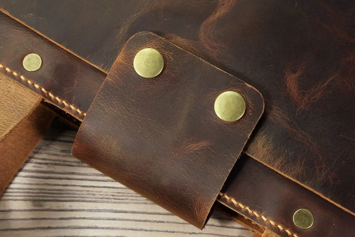 Personalized Hand stitched leather slim small laptop bag