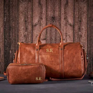 Personalized Vegan Leather Garment Duffle Bag with Toiletry Bag Set, Monogrammed Groomsmen Gift, Leather Dopp Kit Bag