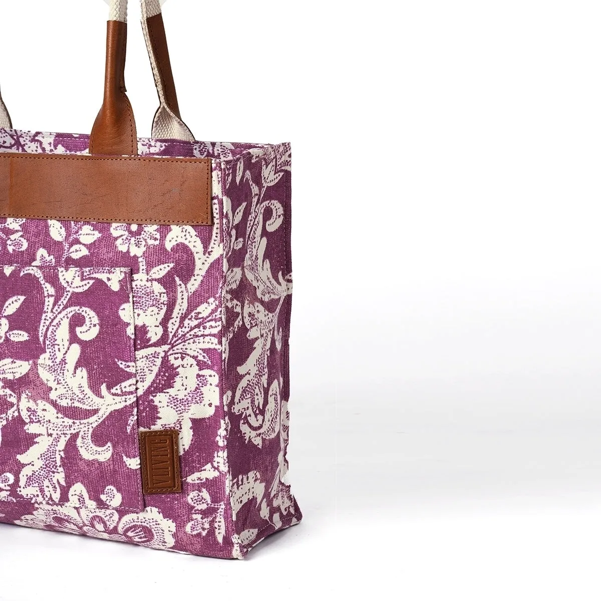 Plum Dominoterie print cotton duck and leather tote bag, large tote, shoulder bag.