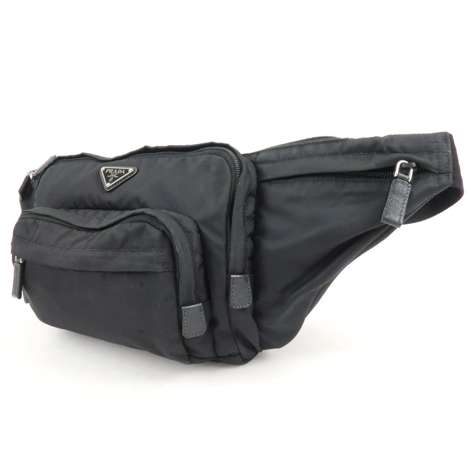 PRADA Logo Nylon Leather Waist Bag Crossbody Bag Black Used