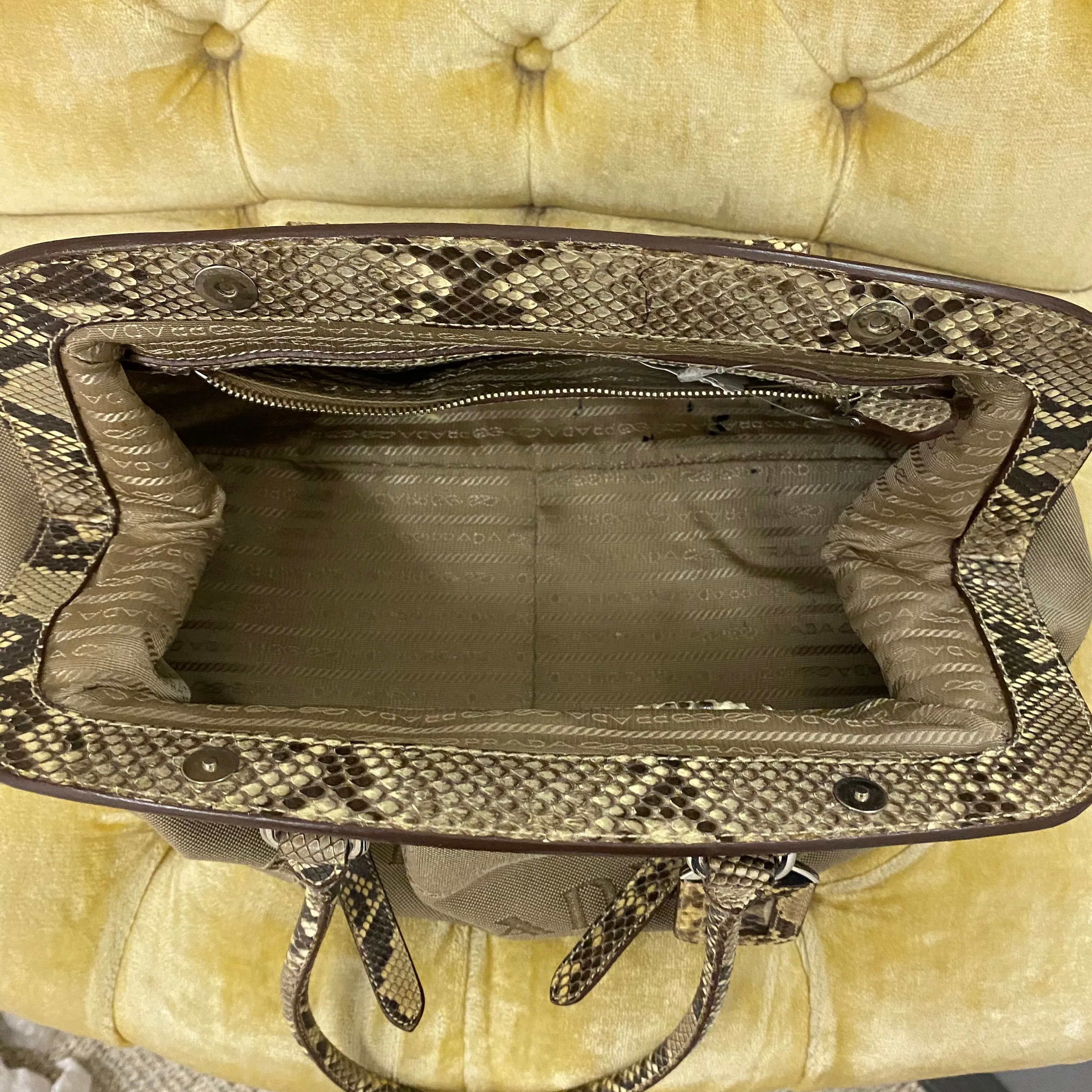 Prada Snakeskin Trim Tan Canapa Canvas Bag