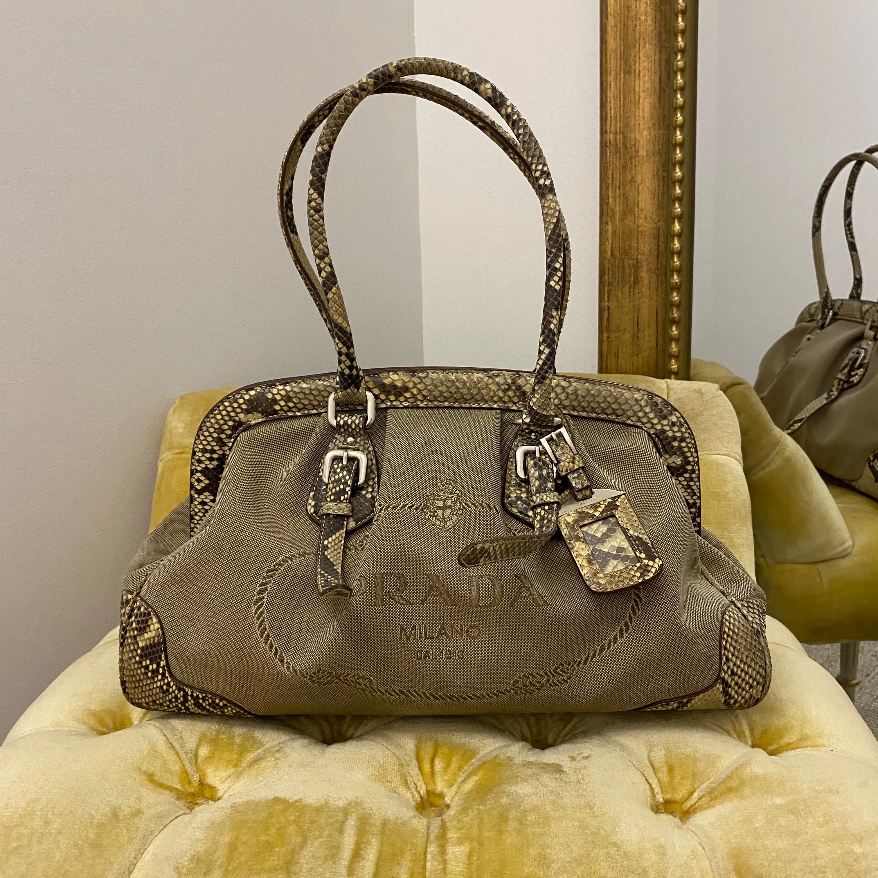 Prada Snakeskin Trim Tan Canapa Canvas Bag