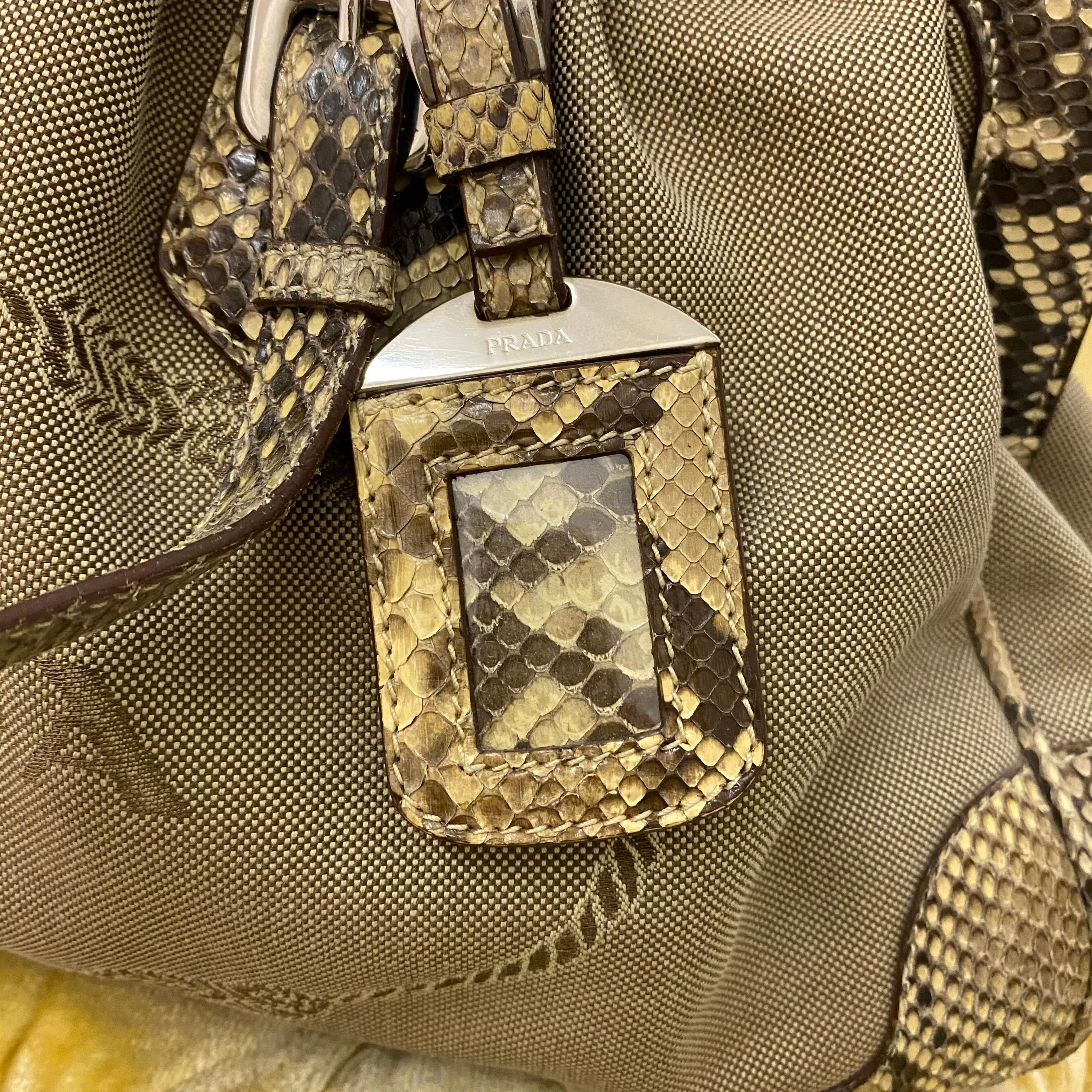 Prada Snakeskin Trim Tan Canapa Canvas Bag