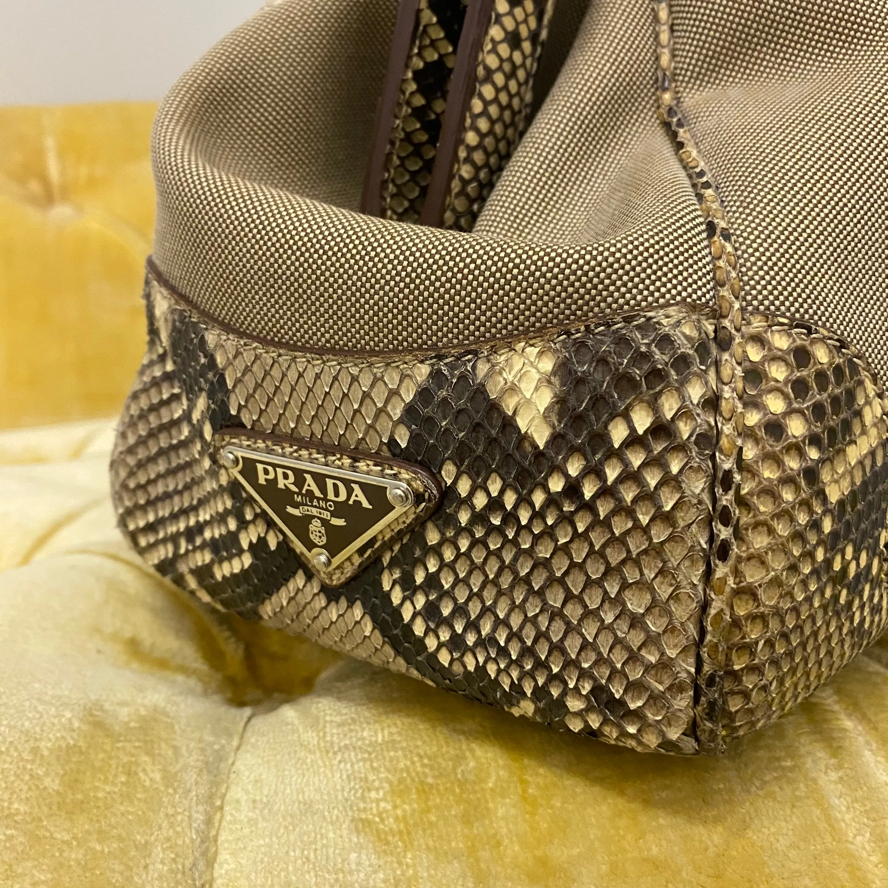 Prada Snakeskin Trim Tan Canapa Canvas Bag