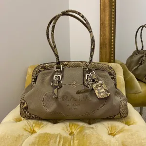 Prada Snakeskin Trim Tan Canapa Canvas Bag