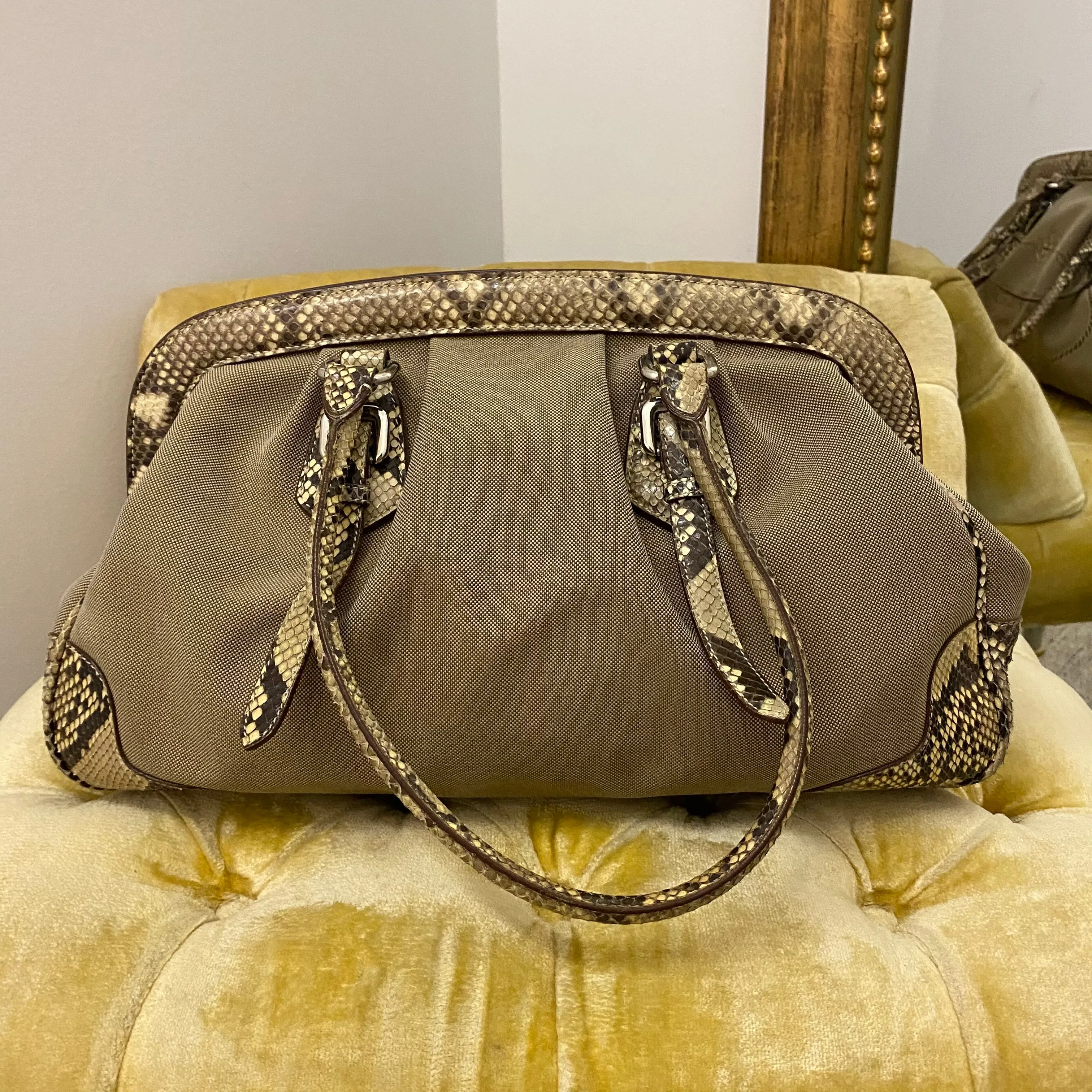 Prada Snakeskin Trim Tan Canapa Canvas Bag