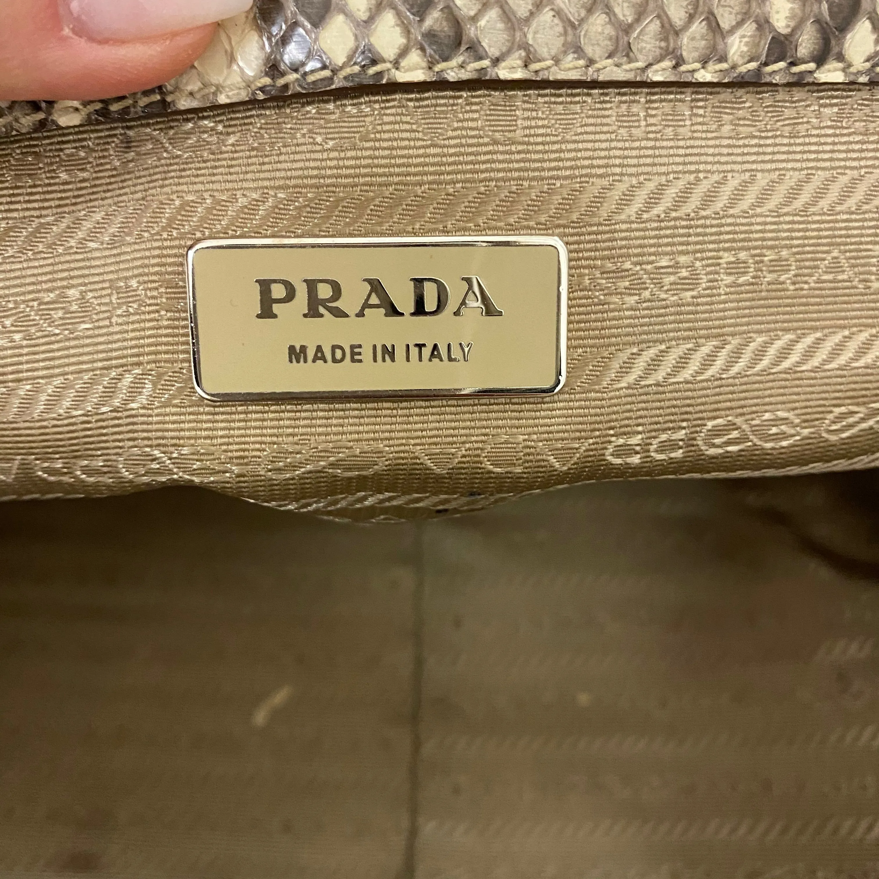 Prada Snakeskin Trim Tan Canapa Canvas Bag