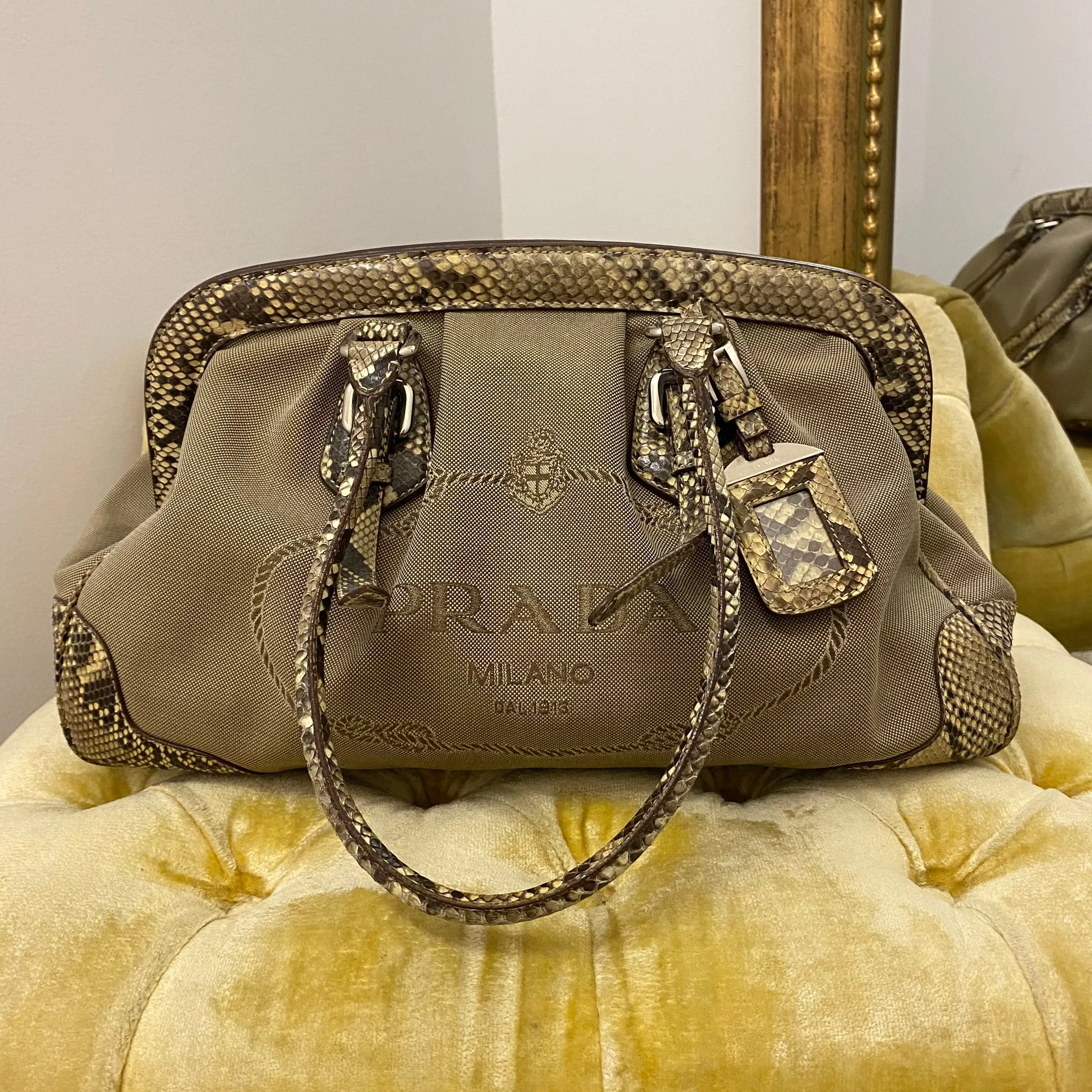 Prada Snakeskin Trim Tan Canapa Canvas Bag