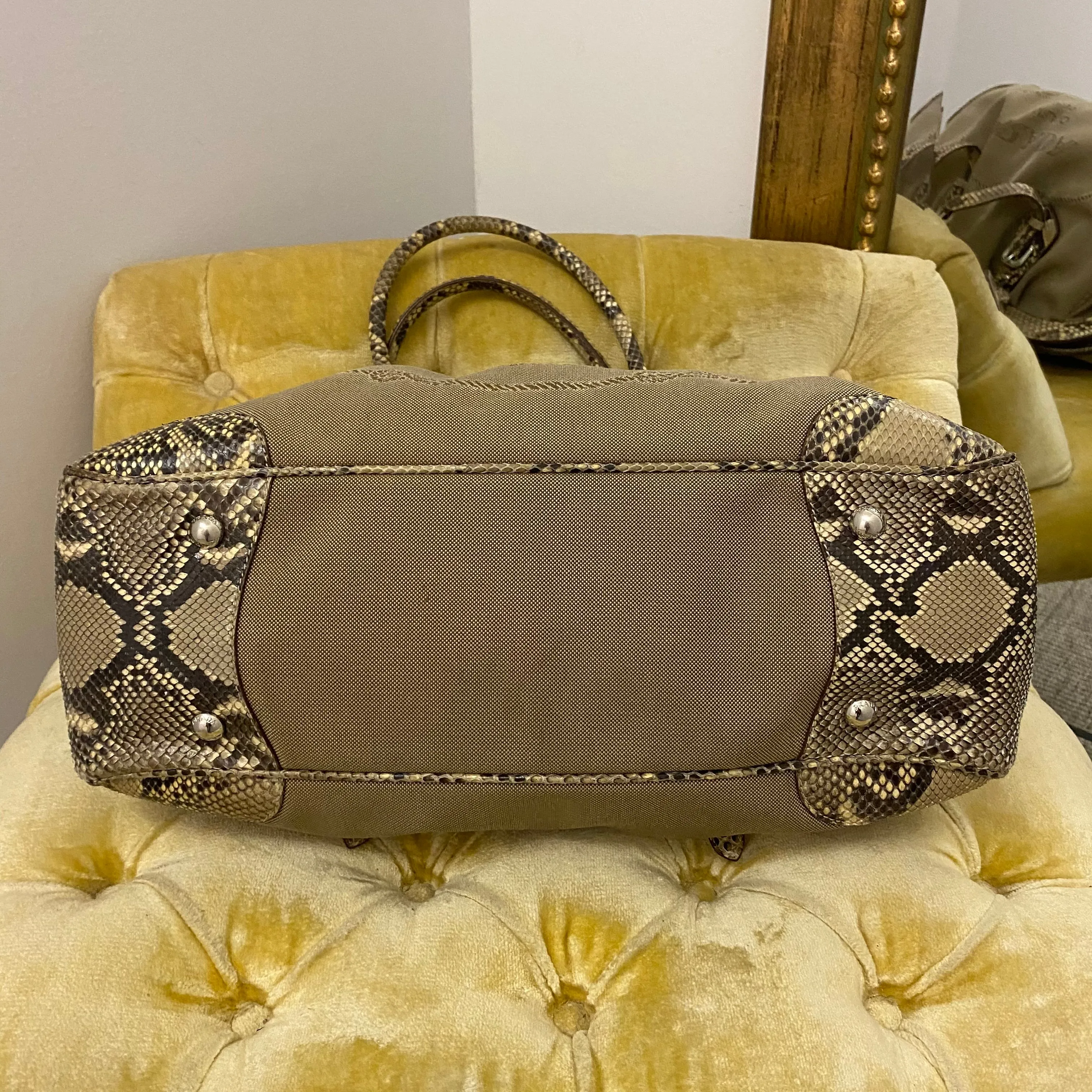 Prada Snakeskin Trim Tan Canapa Canvas Bag