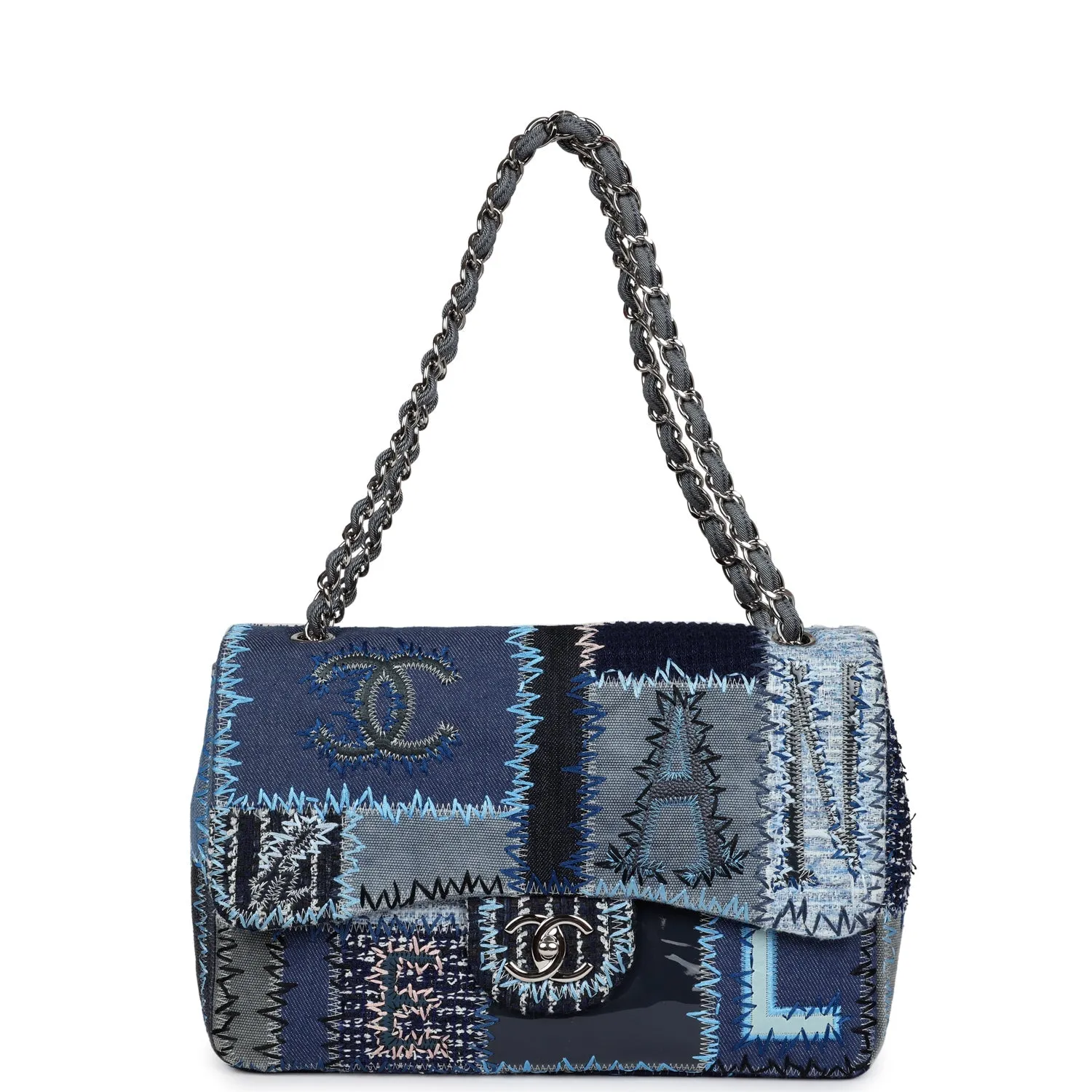 Pre-owned Chanel Jumbo Flap Bag Blue Patchwork Denim Silver Hardware