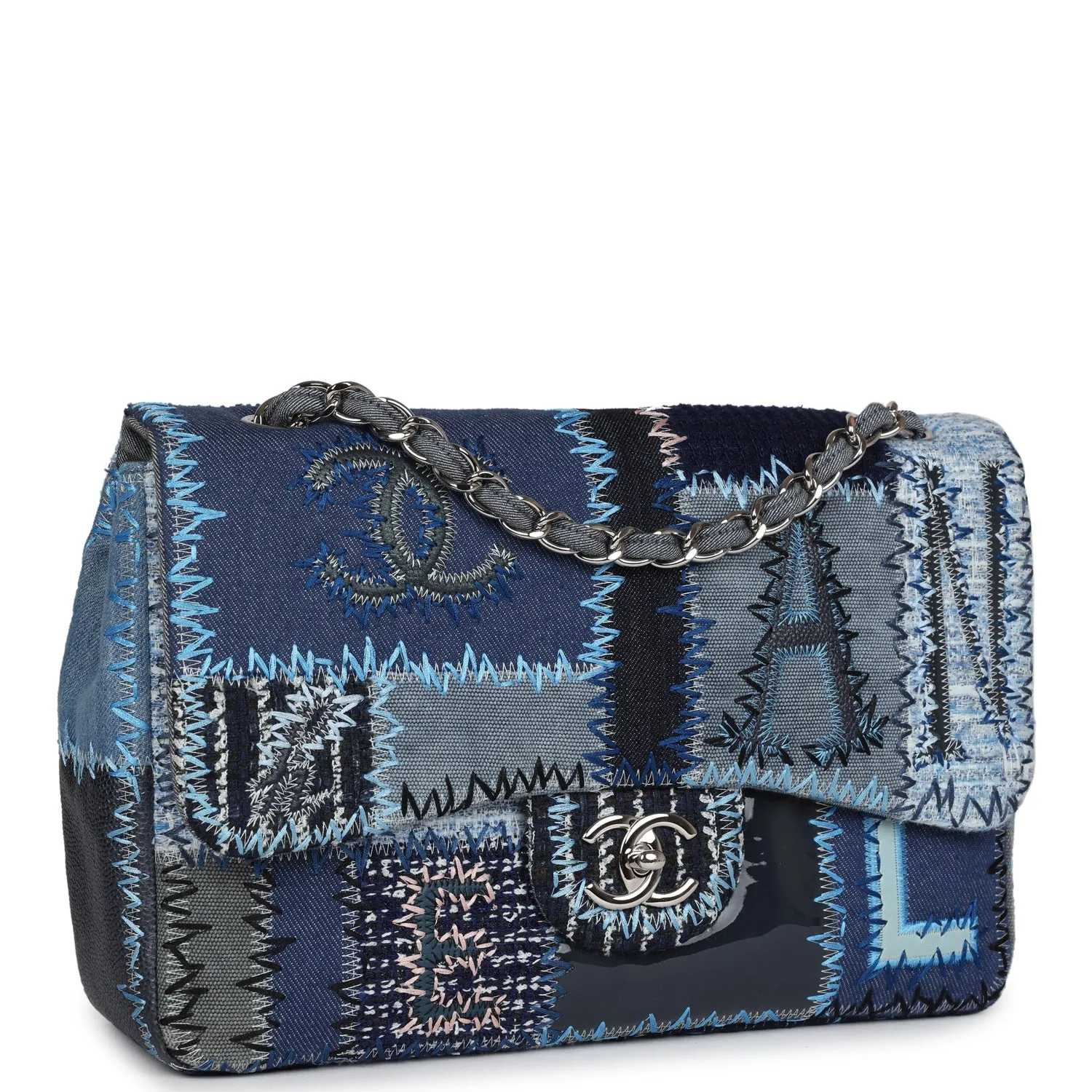 Pre-owned Chanel Jumbo Flap Bag Blue Patchwork Denim Silver Hardware
