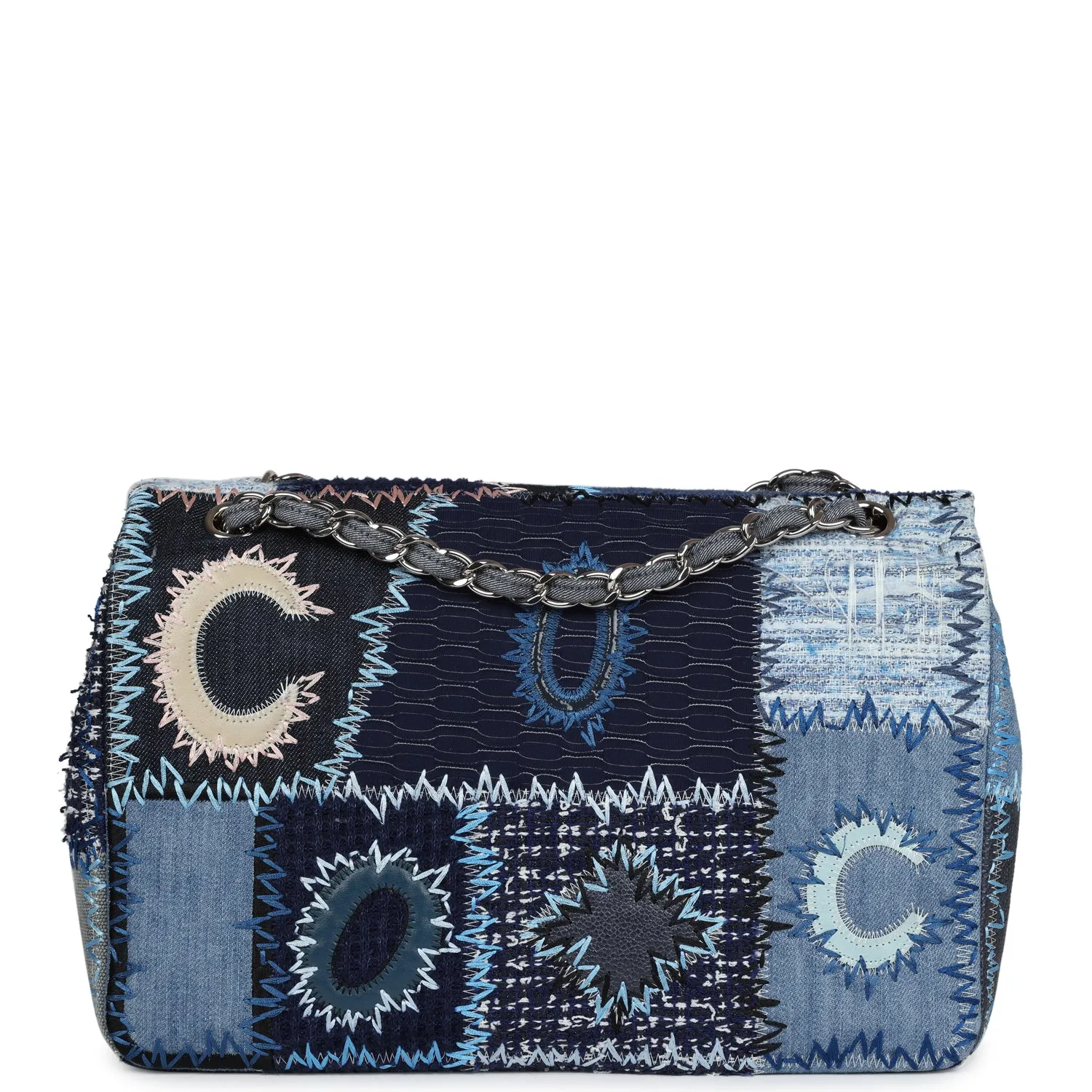 Pre-owned Chanel Jumbo Flap Bag Blue Patchwork Denim Silver Hardware