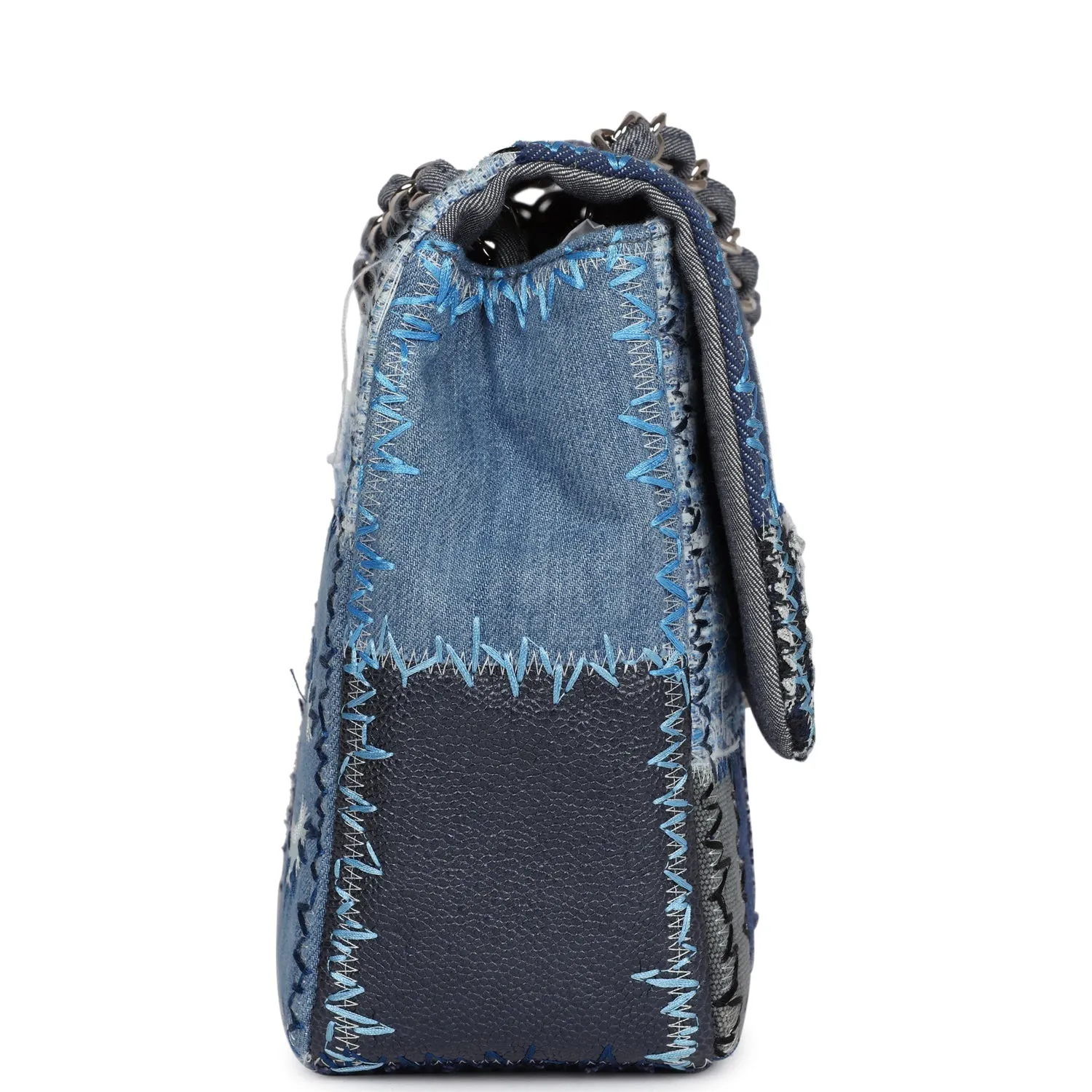 Pre-owned Chanel Jumbo Flap Bag Blue Patchwork Denim Silver Hardware
