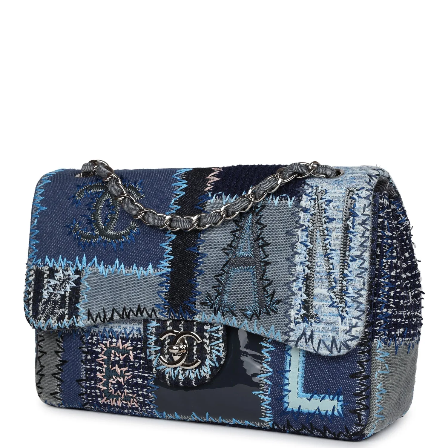 Pre-owned Chanel Jumbo Flap Bag Blue Patchwork Denim Silver Hardware