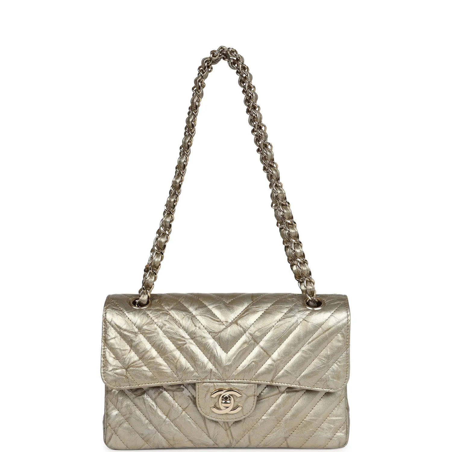 Pre-owned Chanel Small Chevron Double Flap Bag Gold Metallic Patent Aged Calfskin Light Gold Hardware