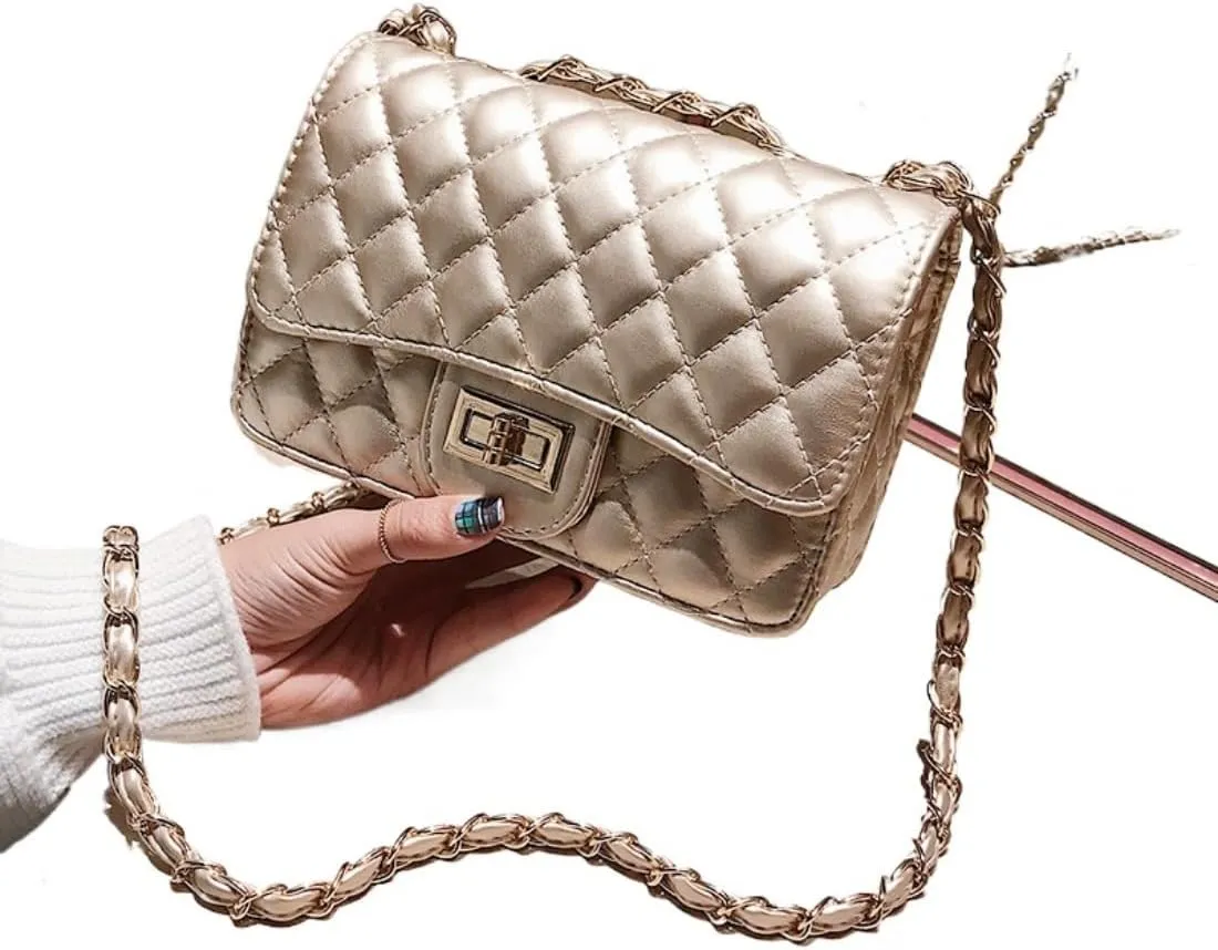 Quilted Crossbody Bags for Women - Vegan Leather Leather Cute Small Purse with Gold Chain Strap, insHandBag