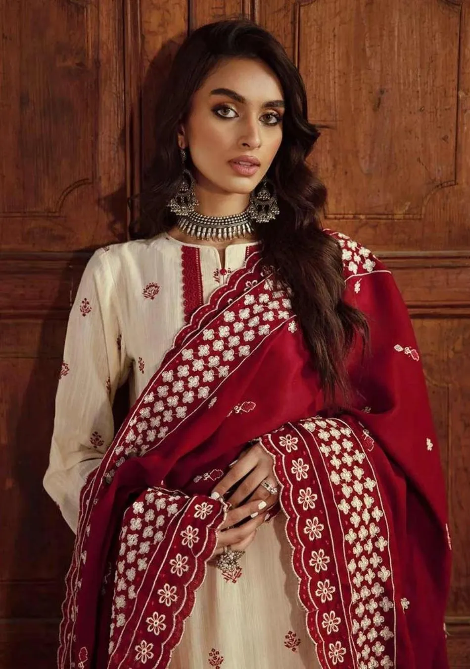 Raj Bari-Embroidered ChikanKari Khaddar-Cream-3PC