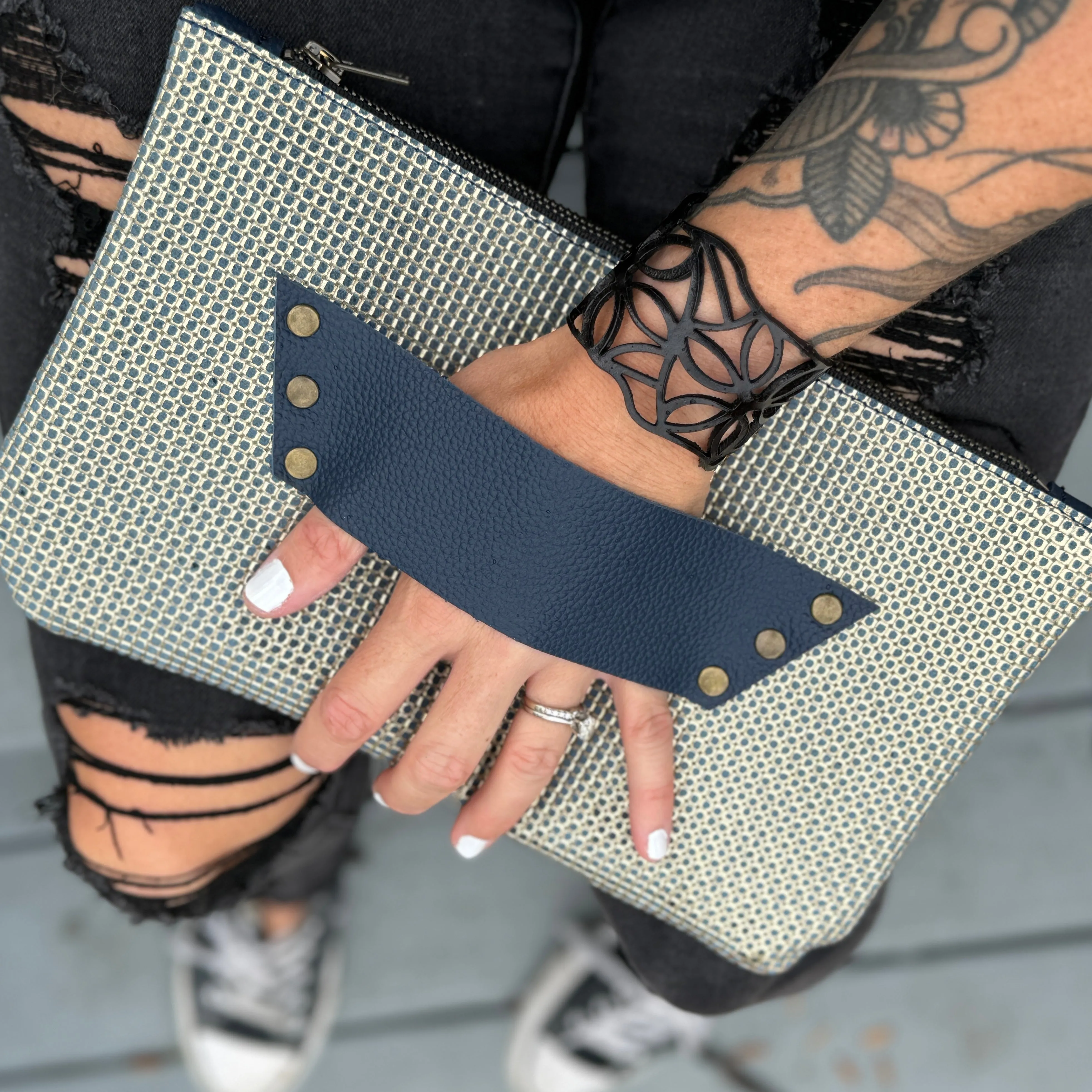 [raleigh leather] Clutch - Blue   Gold Embossed with Navy