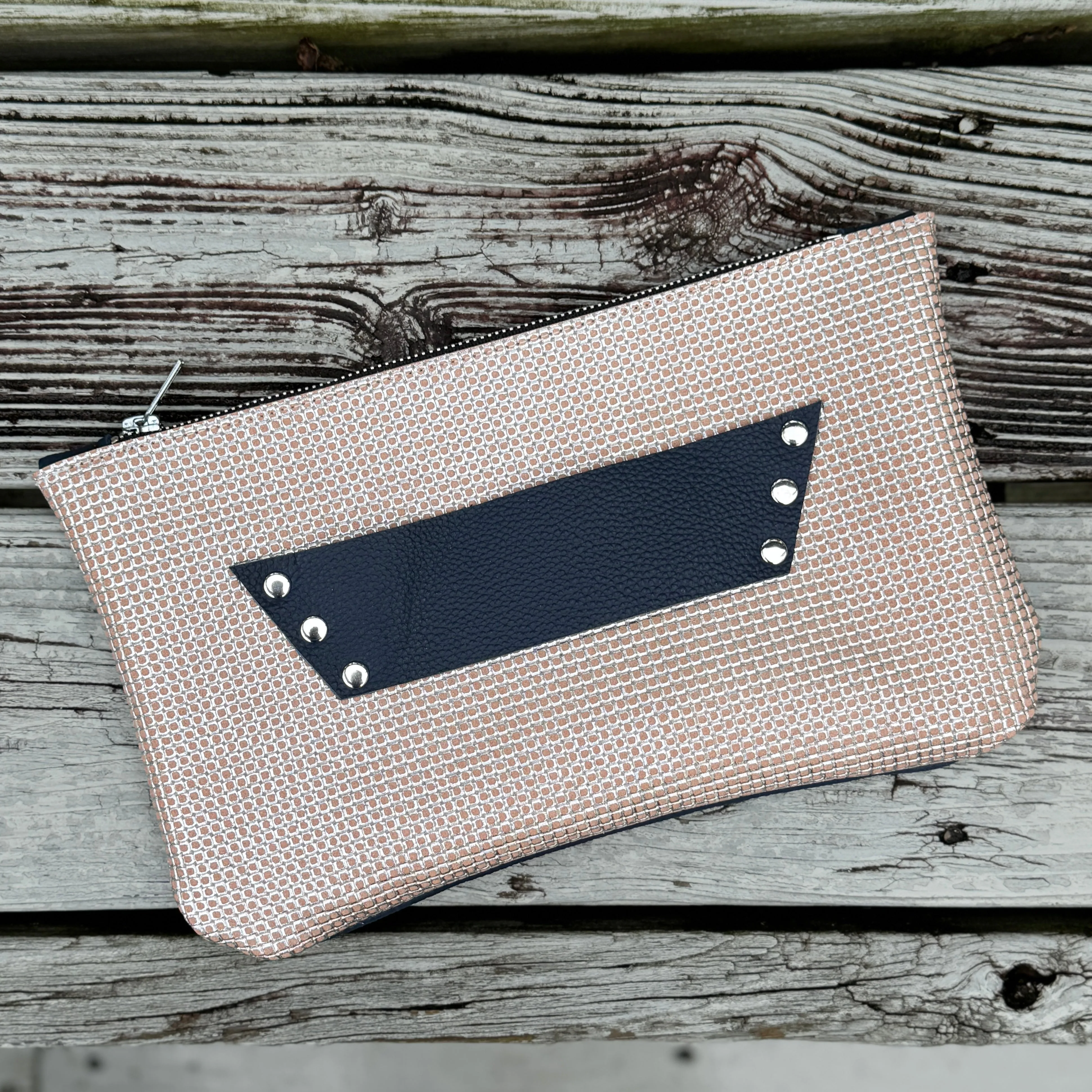 [raleigh leather] Clutch - Blush   Silver Embossed with Navy