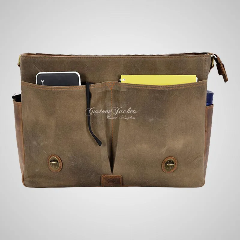 Real Leather With Canvas Laptop Briefcase Bag Shoulder Messenger Bag