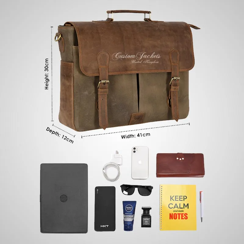 Real Leather With Canvas Laptop Briefcase Bag Shoulder Messenger Bag
