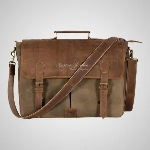 Real Leather With Canvas Laptop Briefcase Bag Shoulder Messenger Bag