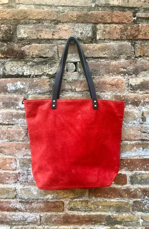RED Large TOTE leather bag. Soft  suede, genuine leather bag. Red suede bag. Laptop bag in suede. Large cross body bag. RED suede purse