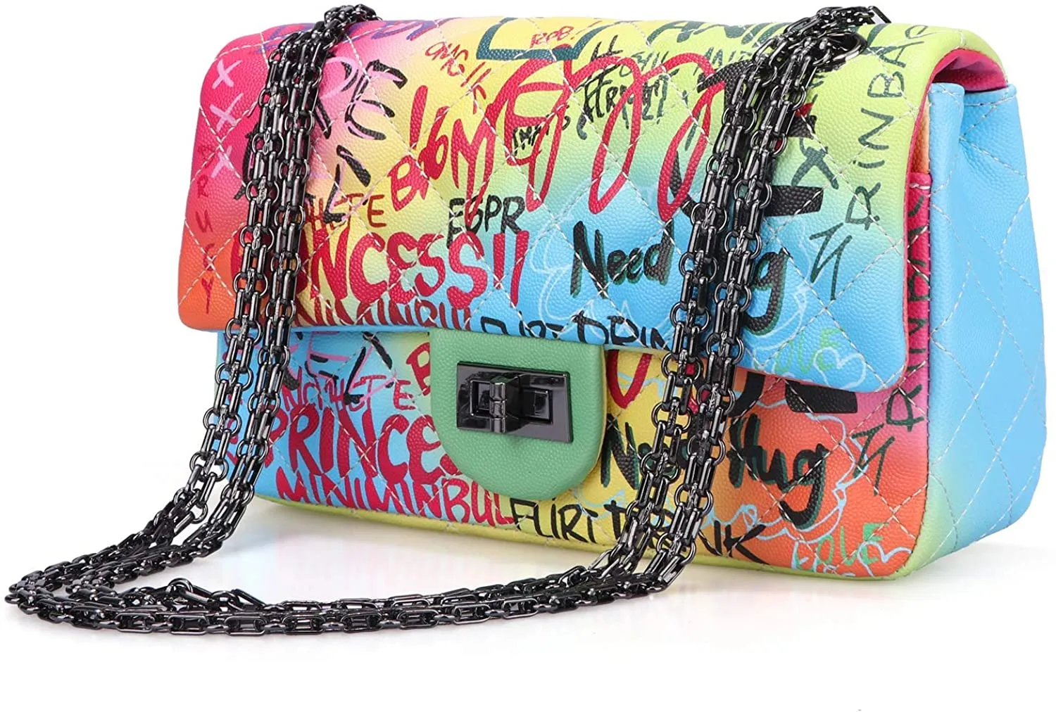 Red Quilted Crossbody Graffiti Clutch Purse Handbag Shoulder Bags