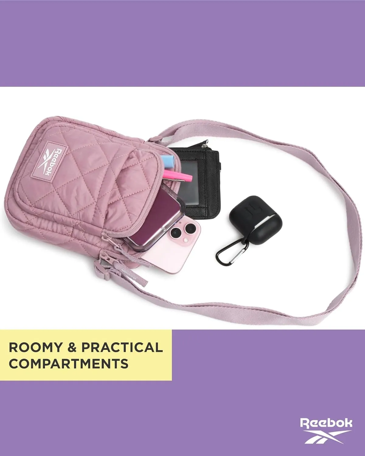 Reebok Womens Crossbody Bags - Lightweight Sling Cell Phone Purse, Quilted Small Crossbody Bags Women