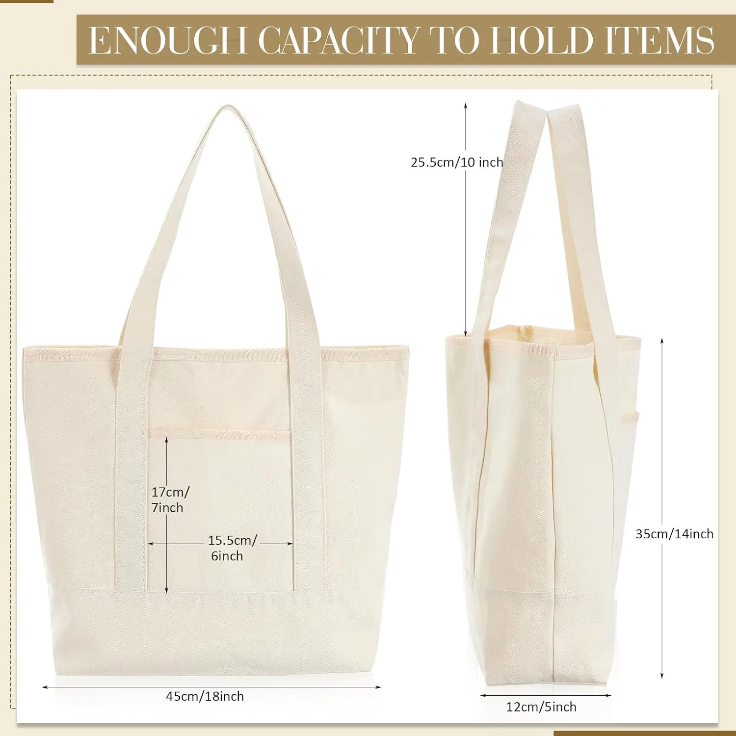 Reginary 16 Pcs Canvas Tote Bags Bulk with Outer Pocket 18 Inch Reusable Shopping Grocery Blank Tote Bag for Women Mother DIY