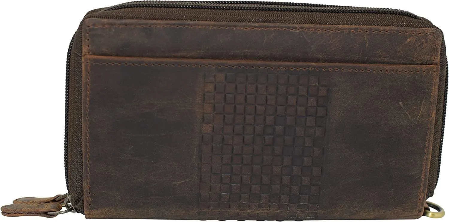 RFID Blocking Wallets for Women Vintage Leather Double Zipper Clutch Checkbook Ladies Wallet (Brown HTC)