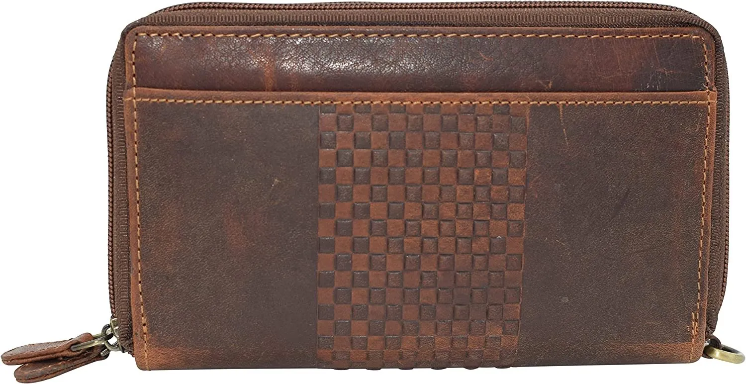 RFID Blocking Wallets for Women Vintage Leather Double Zipper Clutch Checkbook Ladies Wallet (Brown HTC)