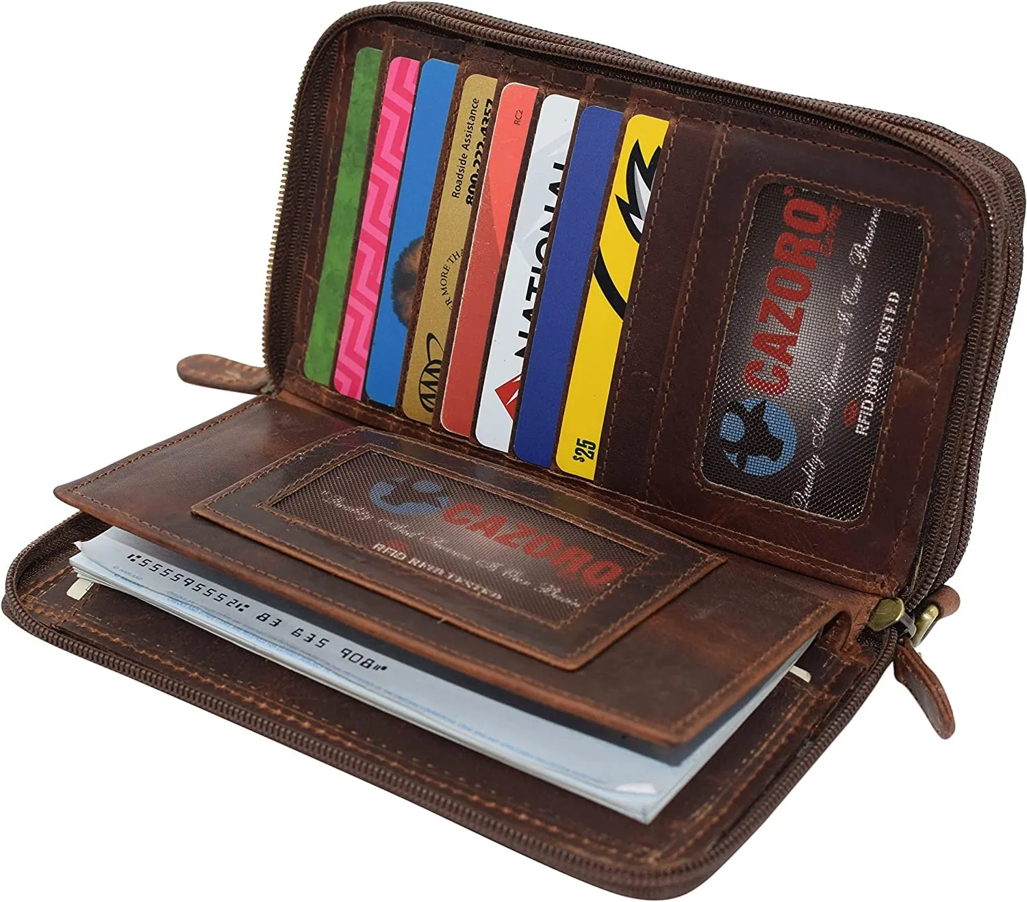 RFID Blocking Wallets for Women Vintage Leather Double Zipper Clutch Checkbook Ladies Wallet (Brown HTC)