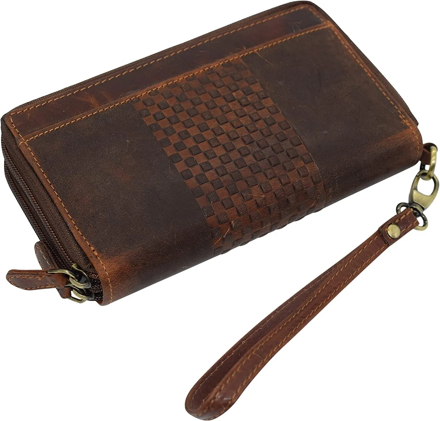 RFID Blocking Wallets for Women Vintage Leather Double Zipper Clutch Checkbook Ladies Wallet (Brown HTC)
