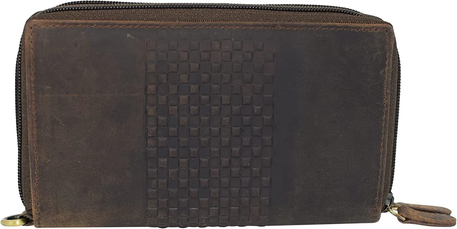 RFID Blocking Wallets for Women Vintage Leather Double Zipper Clutch Checkbook Ladies Wallet (Brown HTC)