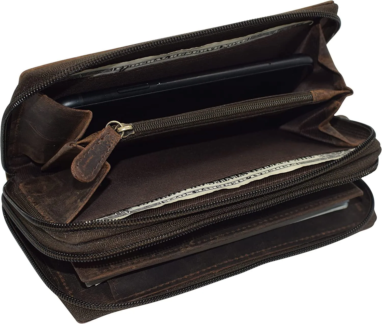 RFID Blocking Wallets for Women Vintage Leather Double Zipper Clutch Checkbook Ladies Wallet (Brown HTC)