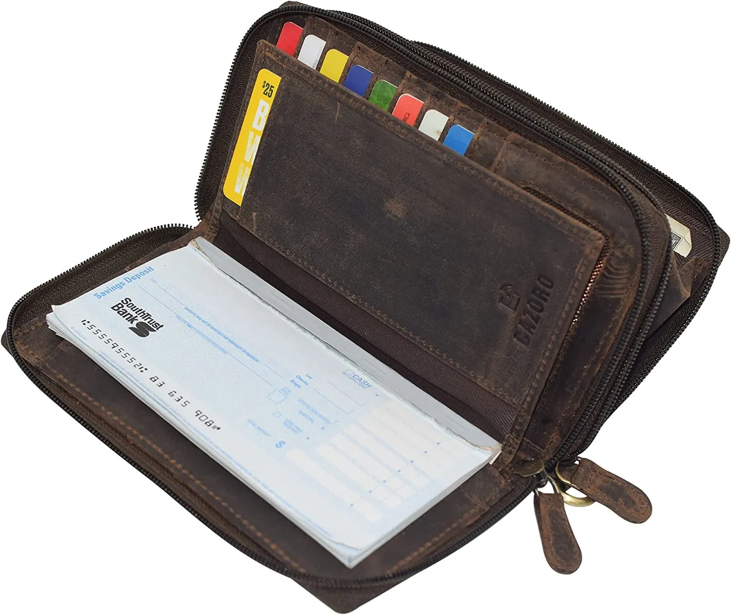 RFID Blocking Wallets for Women Vintage Leather Double Zipper Clutch Checkbook Ladies Wallet (Brown HTC)