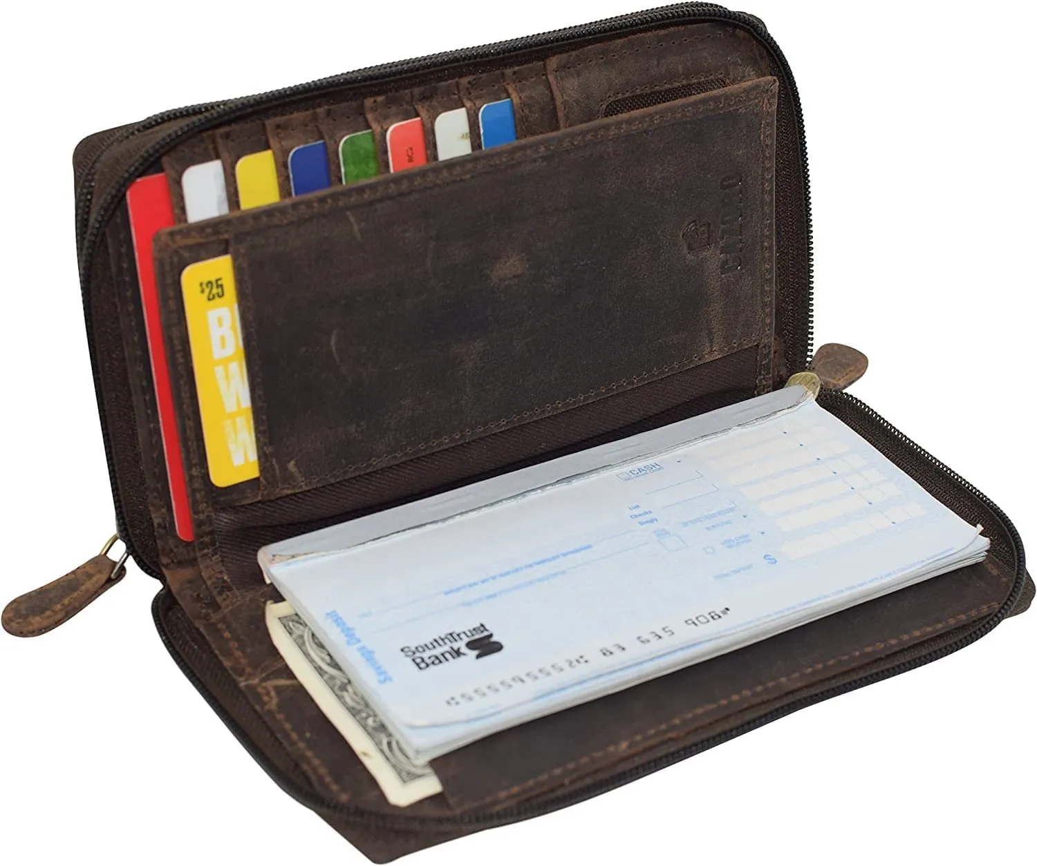 RFID Blocking Wallets for Women Vintage Leather Double Zipper Clutch Checkbook Ladies Wallet (Brown HTC)