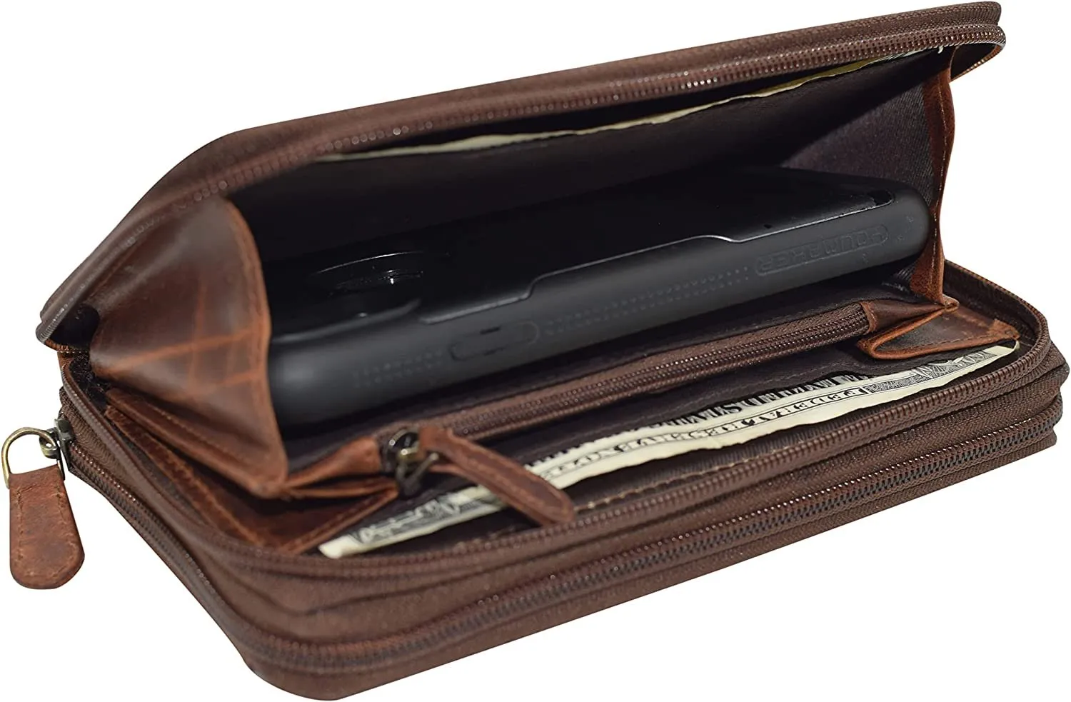 RFID Blocking Wallets for Women Vintage Leather Double Zipper Clutch Checkbook Ladies Wallet (Brown HTC)