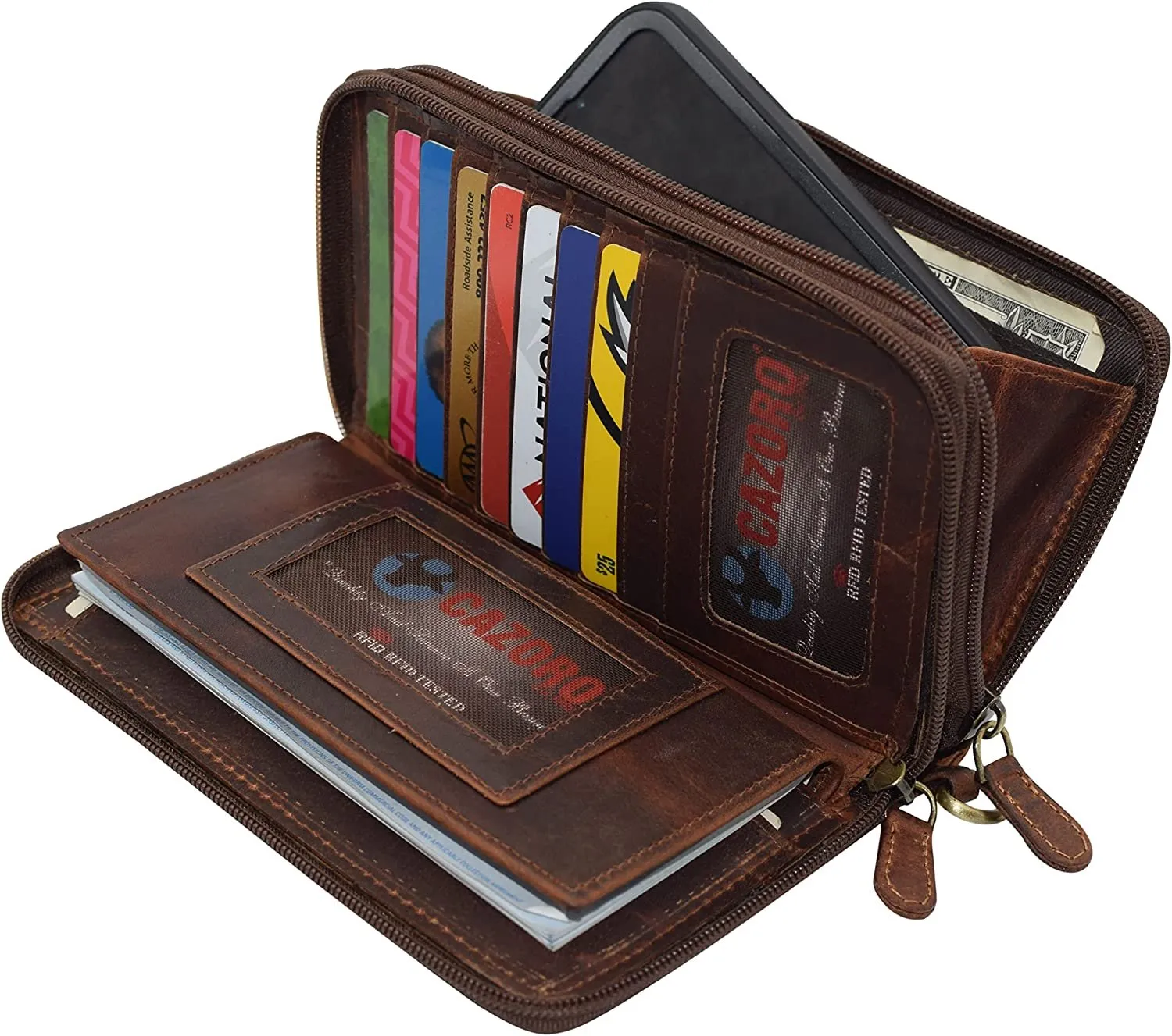 RFID Blocking Wallets for Women Vintage Leather Double Zipper Clutch Checkbook Ladies Wallet (Brown HTC)