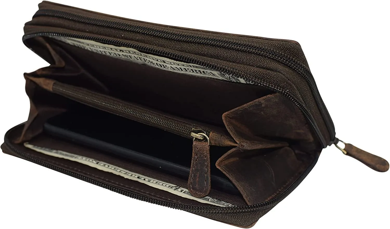 RFID Blocking Wallets for Women Vintage Leather Double Zipper Clutch Checkbook Ladies Wallet (Brown HTC)