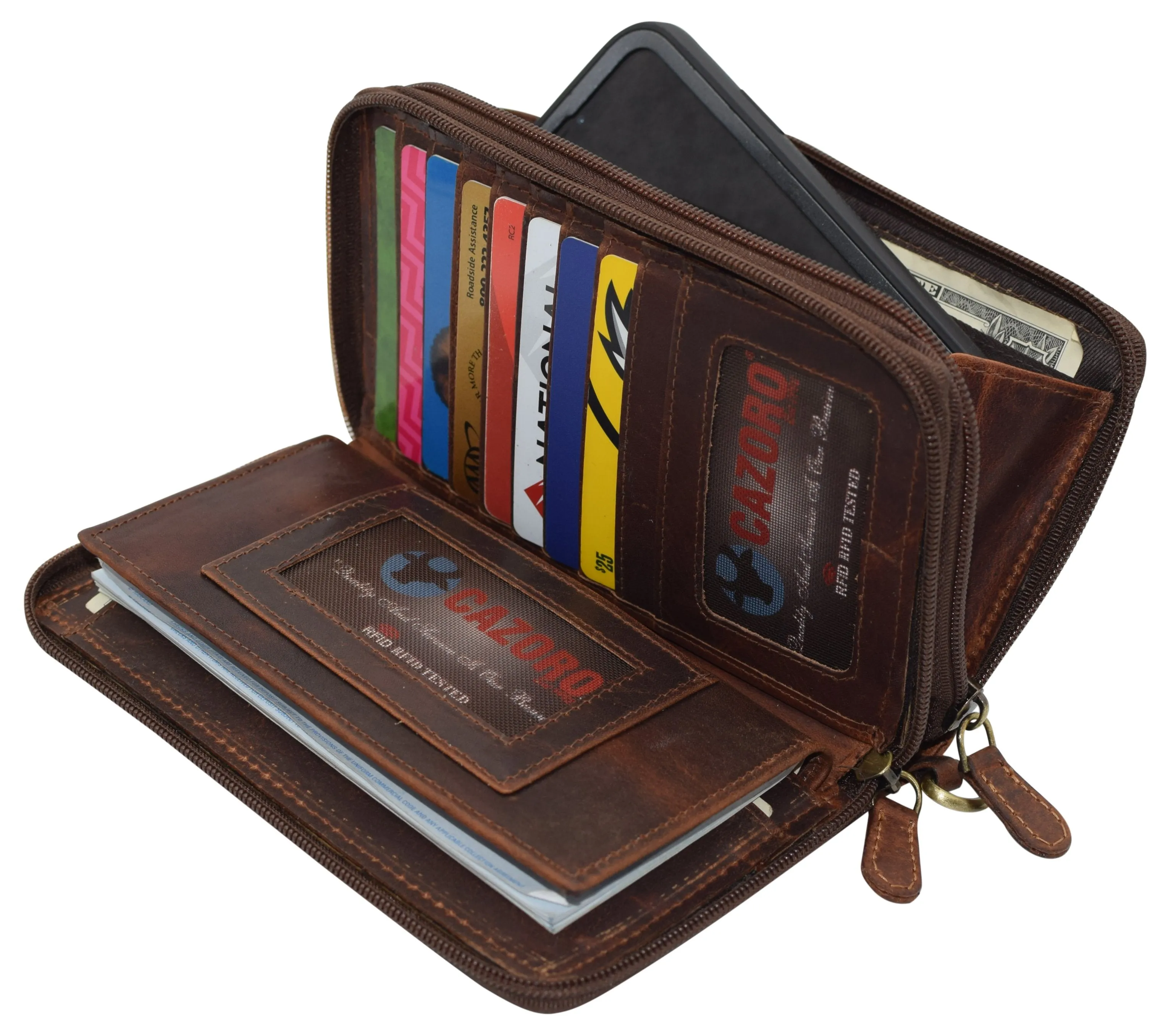 RFID Blocking Wallets for Women Vintage Leather Double Zipper Clutch Checkbook Ladies Wallet (Brown HTC)