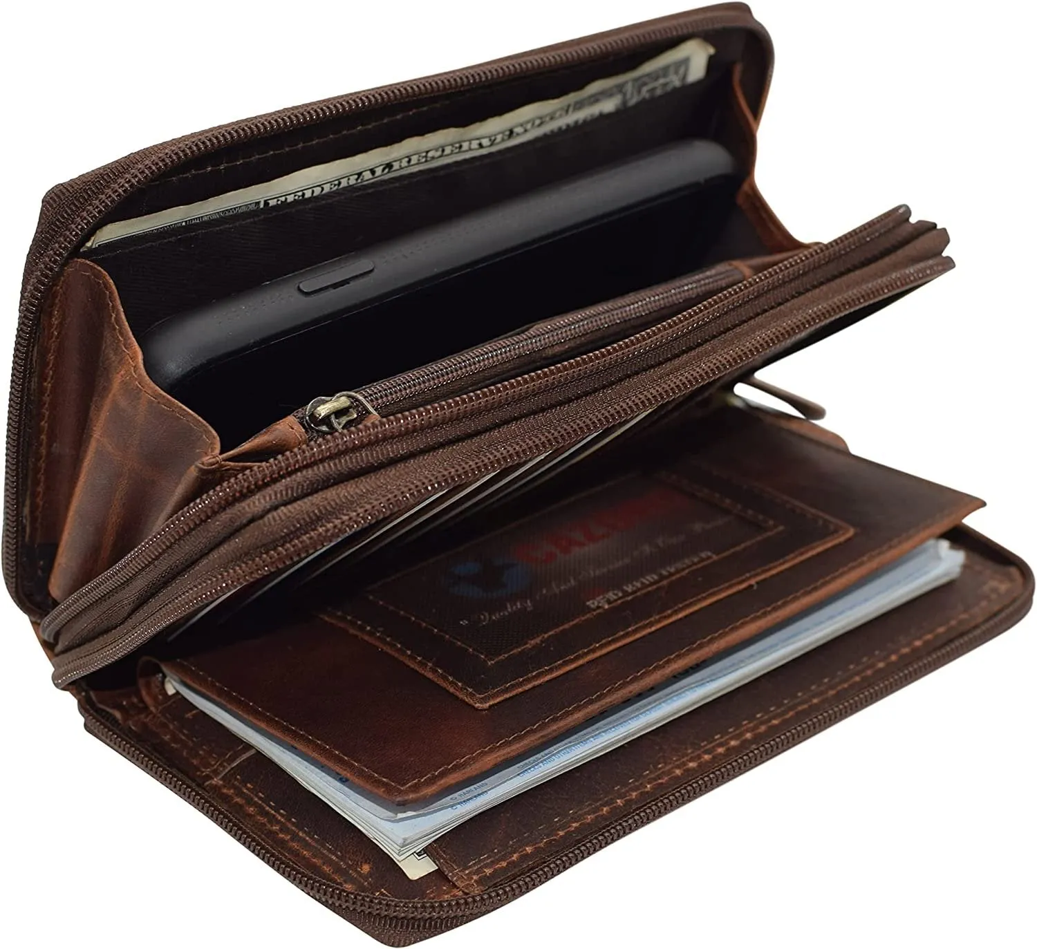 RFID Blocking Wallets for Women Vintage Leather Double Zipper Clutch Checkbook Ladies Wallet (Brown HTC)