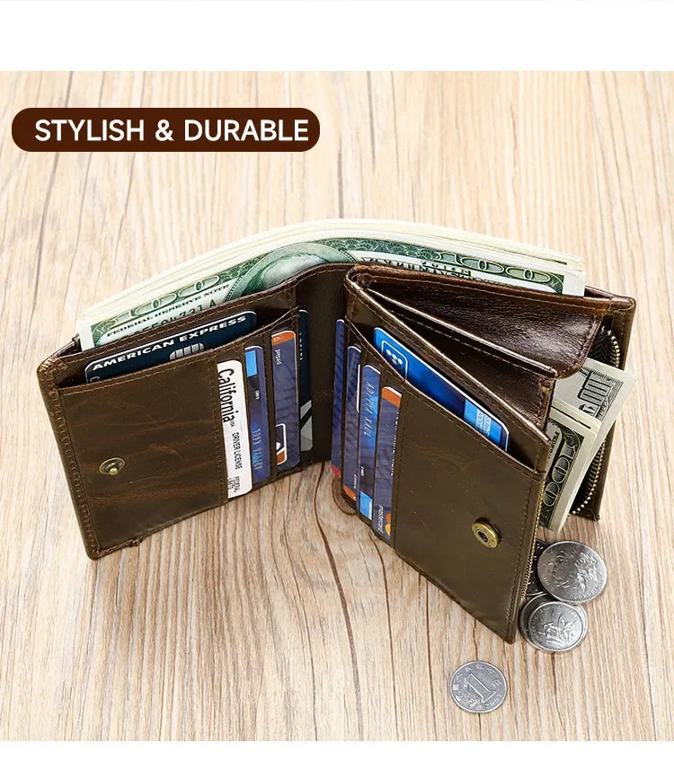 RFID Genuine Leather Wallet for Men, Short Clutch with Coin Pocket and Card Slots
