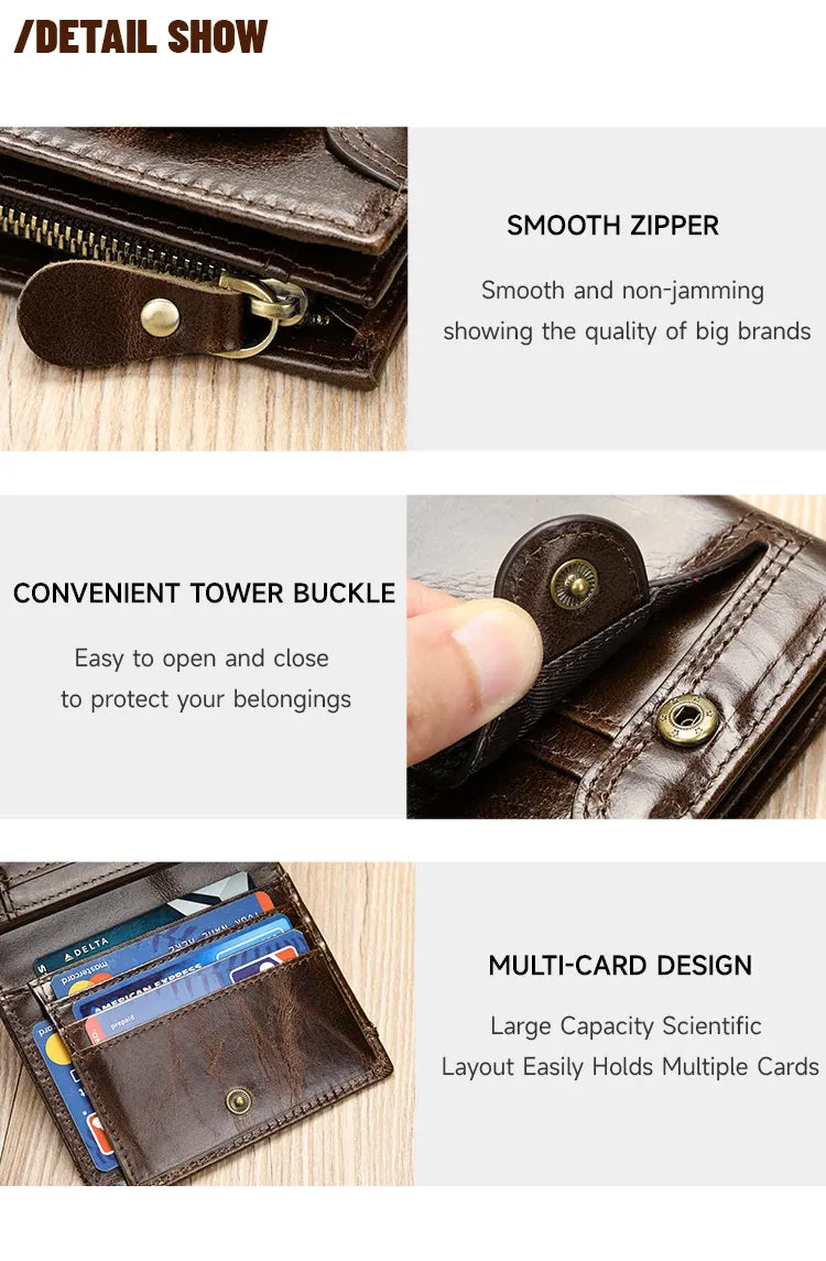 RFID Genuine Leather Wallet for Men, Short Clutch with Coin Pocket and Card Slots