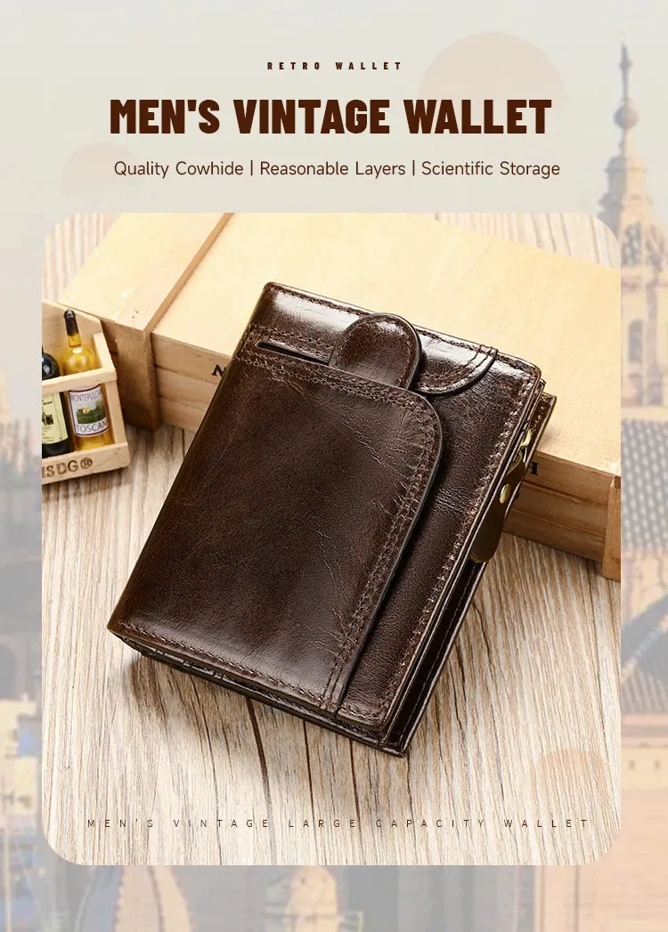 RFID Genuine Leather Wallet for Men, Short Clutch with Coin Pocket and Card Slots