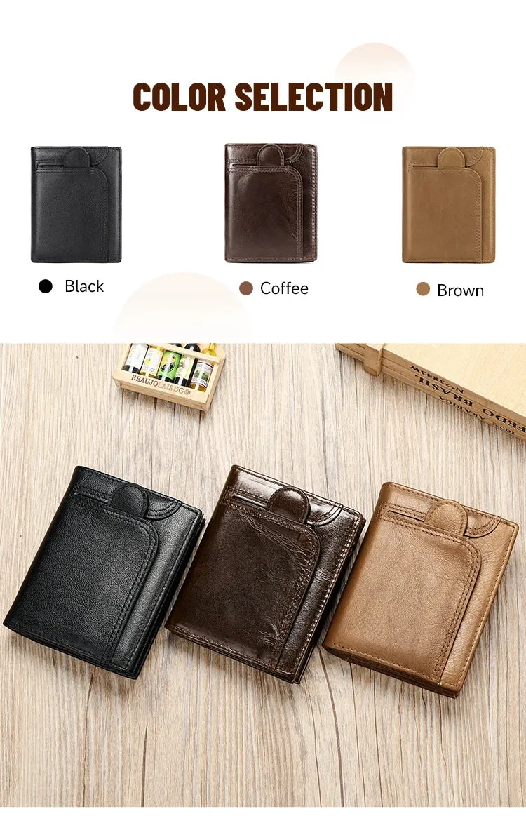 RFID Genuine Leather Wallet for Men, Short Clutch with Coin Pocket and Card Slots